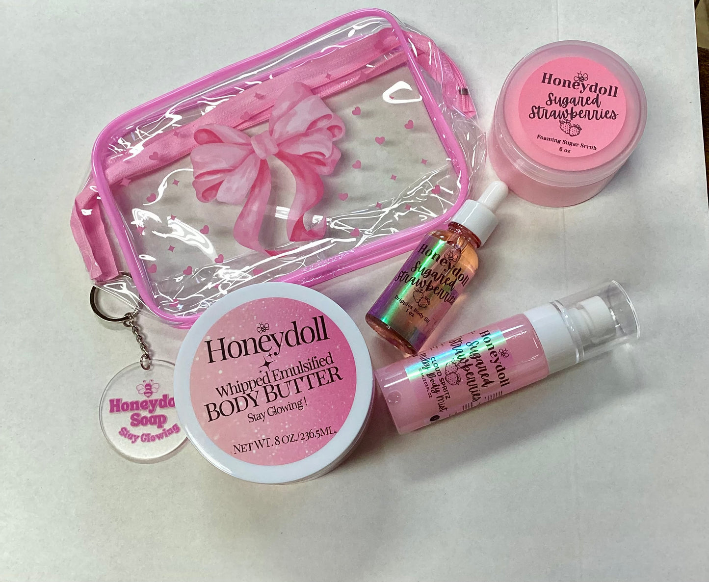 Pretty As a Peach Body Butter - or - Sugared Strawberries Body Butter - Sugar Scrub - Milky Body Mist - Drippies Body Oil Self Care Gift set with Bag and Key-chain Pack