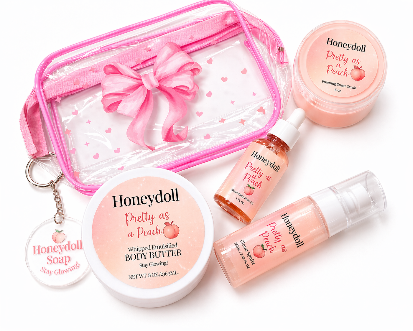 Pretty As a Peach Body Butter - or - Sugared Strawberries Body Butter - Sugar Scrub - Milky Body Mist - Drippies Body Oil Self Care Gift set with Bag and Key-chain Pack
