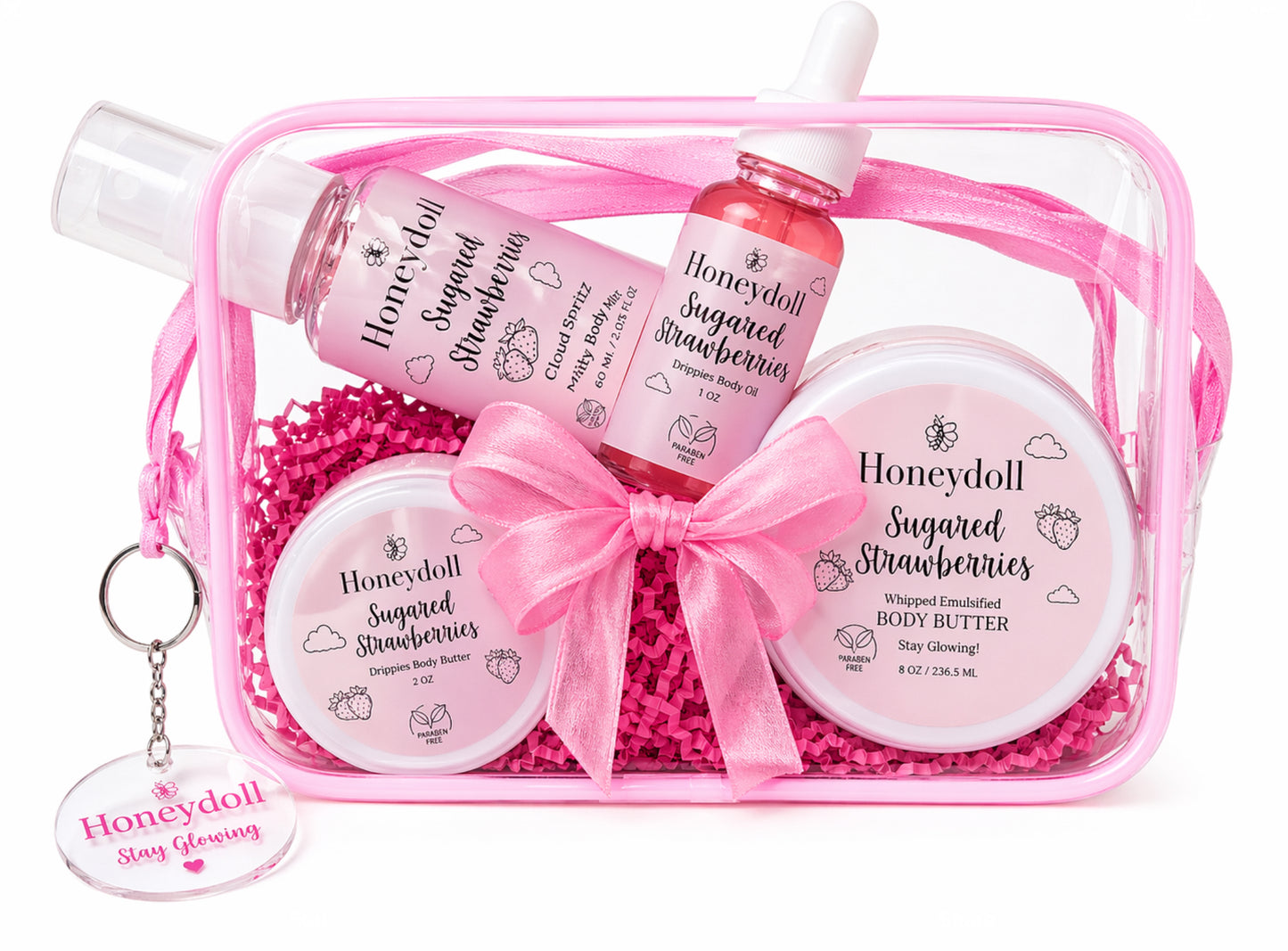 Pretty As a Peach Body Butter - or - Sugared Strawberries Body Butter - Sugar Scrub - Milky Body Mist - Drippies Body Oil Self Care Gift set with Bag and Key-chain Pack