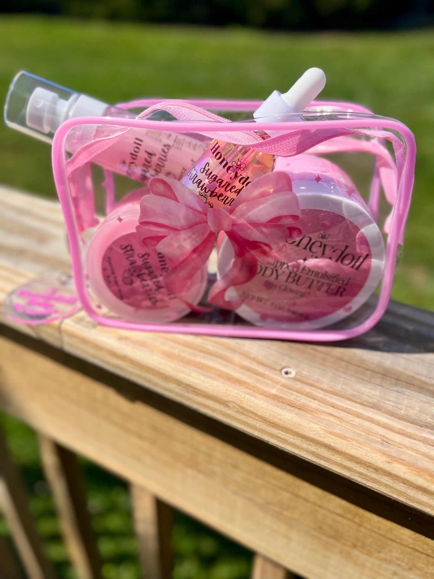 Pretty As a Peach Body Butter - or - Sugared Strawberries Body Butter - Sugar Scrub - Milky Body Mist - Drippies Body Oil Self Care Gift set with Bag and Key-chain Pack