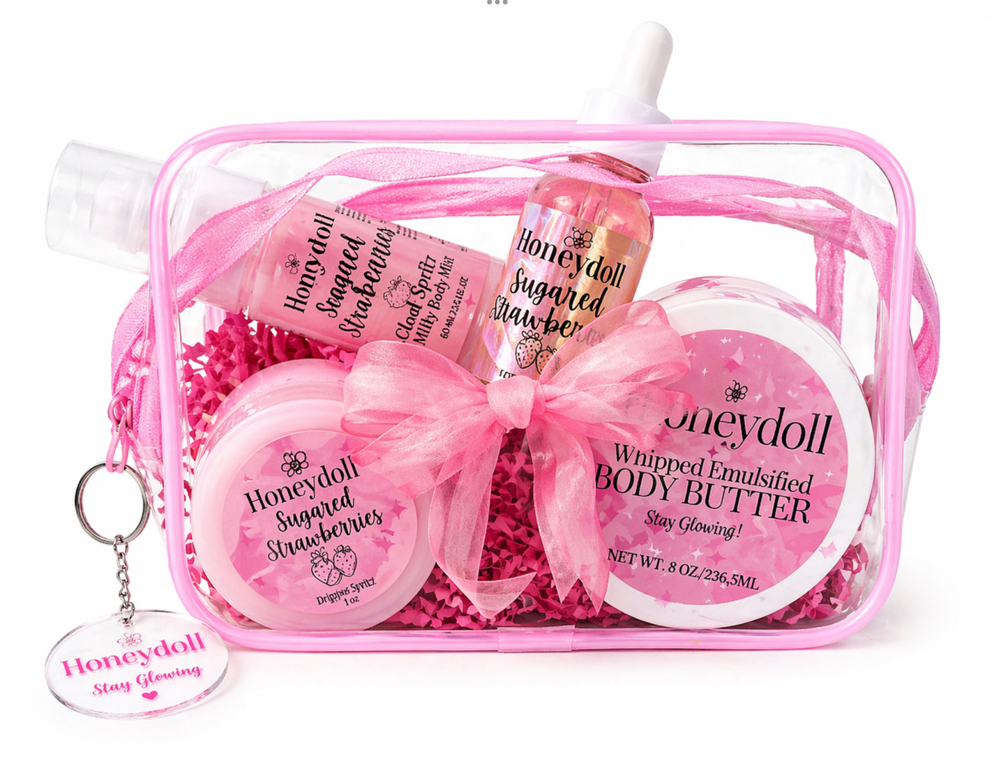 Pretty As a Peach Body Butter - or - Sugared Strawberries Body Butter - Sugar Scrub - Milky Body Mist - Drippies Body Oil Self Care Gift set with Bag and Key-chain Pack