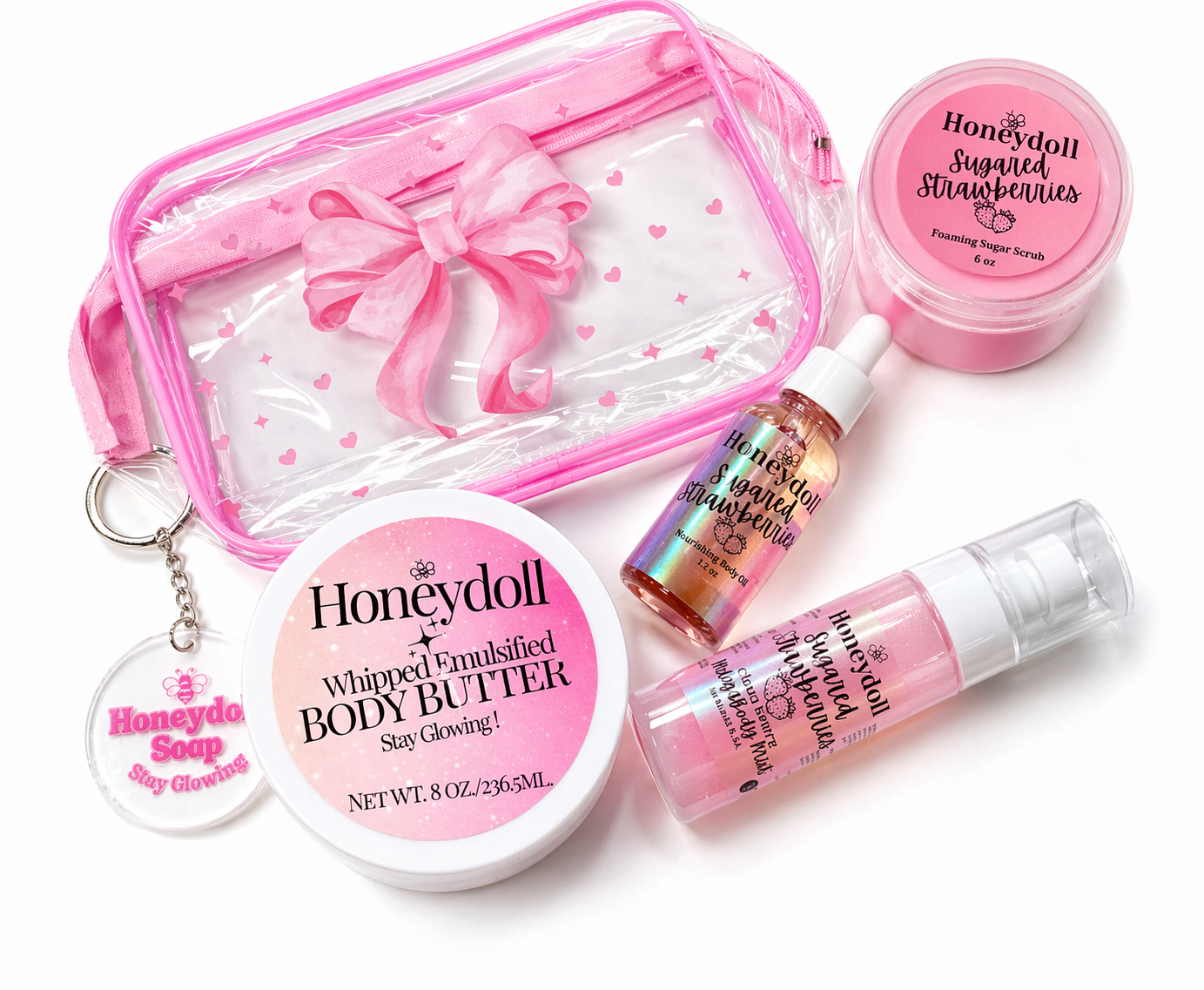 Pretty As a Peach Body Butter - or - Sugared Strawberries Body Butter - Sugar Scrub - Milky Body Mist - Drippies Body Oil Self Care Gift set with Bag and Key-chain Pack