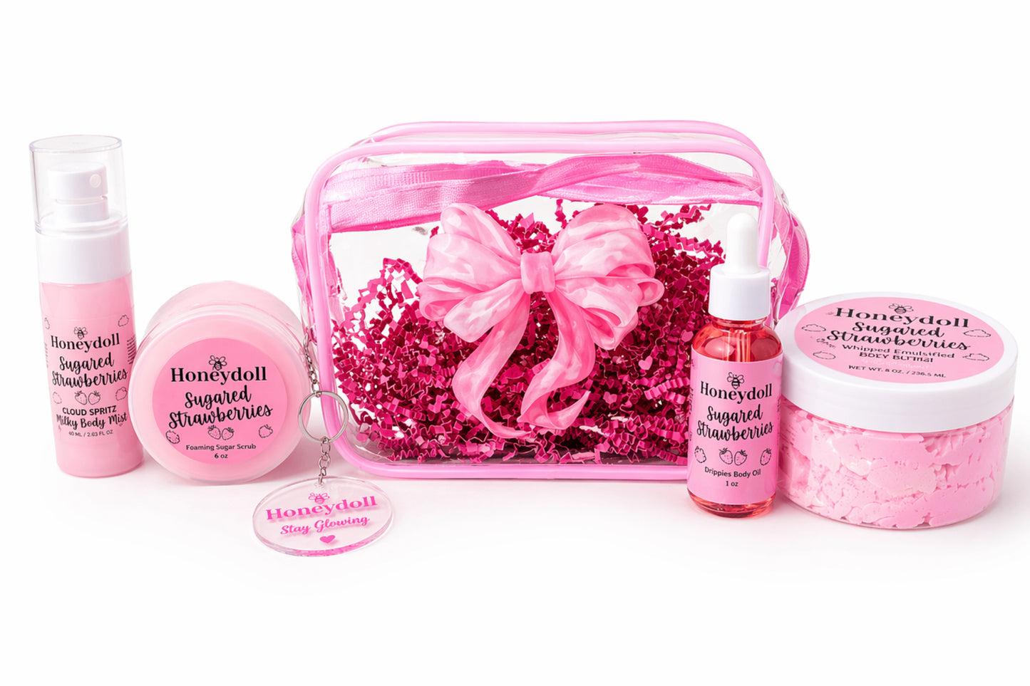 Pretty As a Peach Body Butter - or - Sugared Strawberries Body Butter - Sugar Scrub - Milky Body Mist - Drippies Body Oil Self Care Gift set with Bag and Key-chain Pack